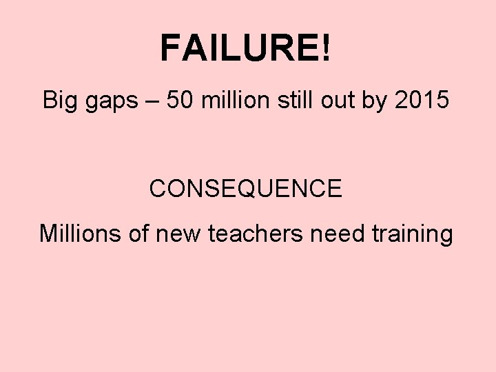 FAILURE! Big gaps – 50 million still out by 2015 CONSEQUENCE Millions of new