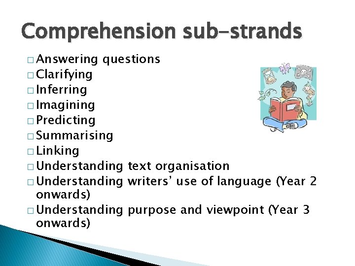 Comprehension sub-strands � Answering � Clarifying questions � Inferring � Imagining � Predicting �