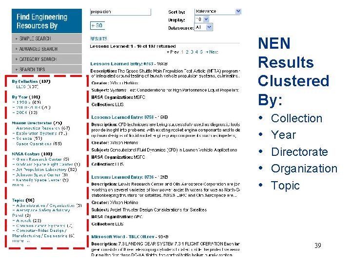 NEN Results Clustered By: • • • Collection Year Directorate Organization Topic 39 NEN Results Clustered By: • • • Collection Year Directorate Organization Topic 39