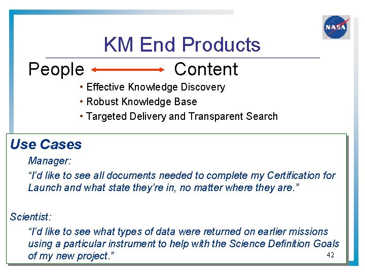 KM End Products People Content • Effective Knowledge Discovery • Robust Knowledge Base • KM End Products People Content • Effective Knowledge Discovery • Robust Knowledge Base •