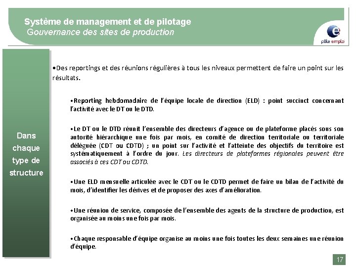 Système de management et de pilotage Gouvernance des sites de production • Des reportings