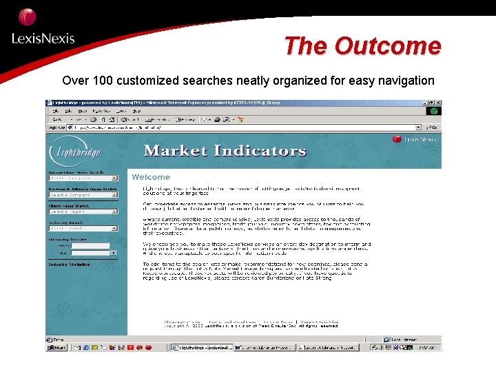 The Outcome Over 100 customized searches neatly organized for easy navigation 