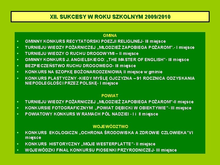 XII. SUKCESY W ROKU SZKOLNYM 2009/2010 GMINA GMINNY KONKURS RECYTATORSKI POEZJI RELIGIJNEJ- III miejsce