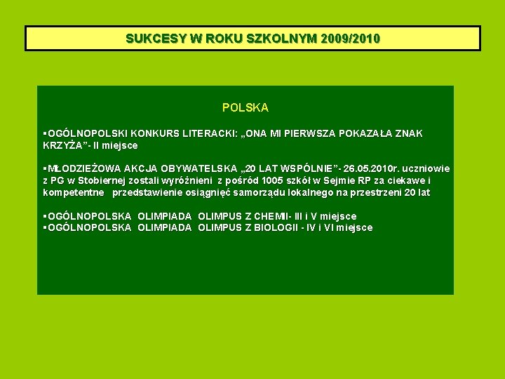 SUKCESY W ROKU SZKOLNYM 2009/2010 POLSKA OGÓLNOPOLSKI KONKURS LITERACKI: „ONA MI PIERWSZA POKAZAŁA ZNAK