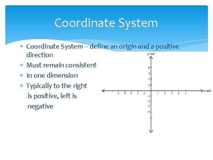 Coordinate System – define an origin and a positive direction Must remain consistent In
