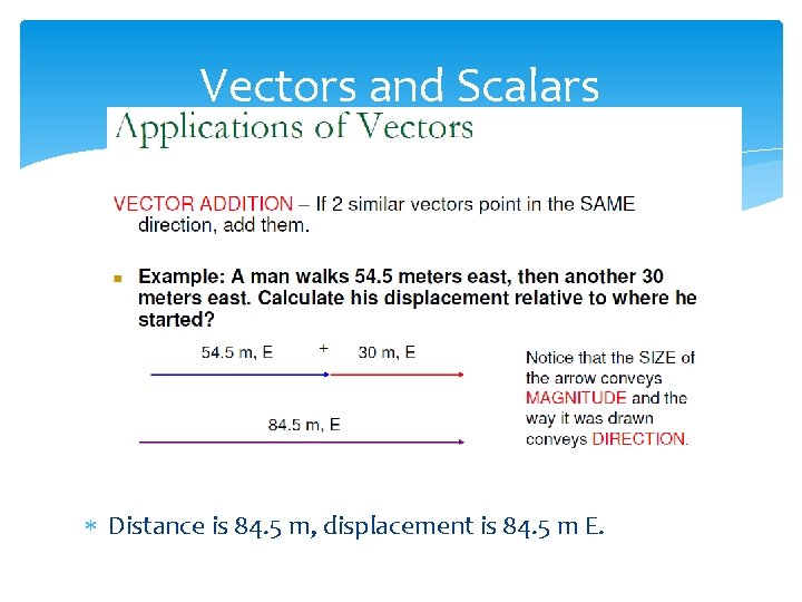 Vectors and Scalars Distance is 84. 5 m, displacement is 84. 5 m E.