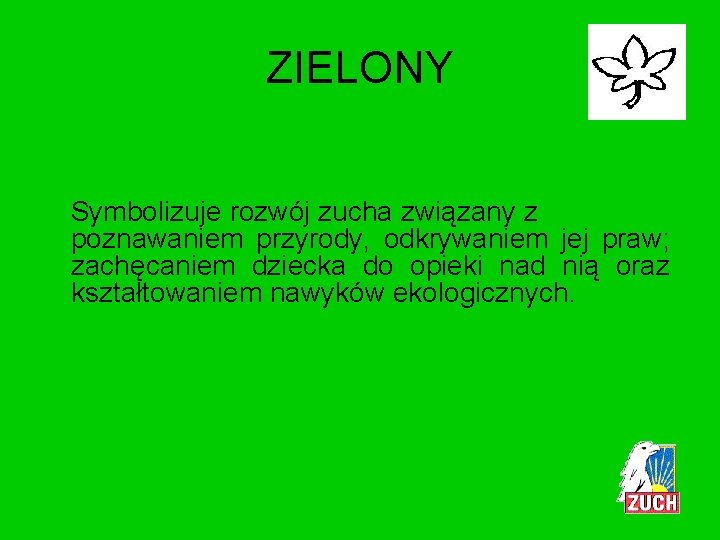 ZIELONY Symbolizuje rozwój zucha związany z poznawaniem przyrody, odkrywaniem jej praw; zachęcaniem dziecka do