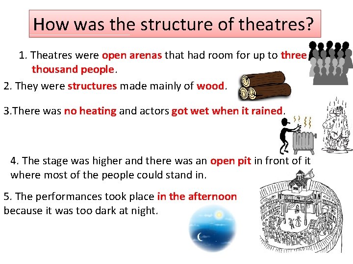How was the structure of theatres? 1. Theatres were open arenas that had room