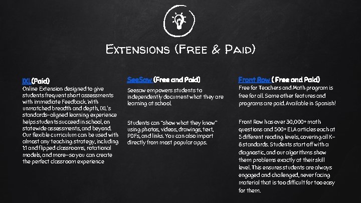 Extensions (Free & Paid) IXL(Paid) Online Extension designed to give students frequent short assessments