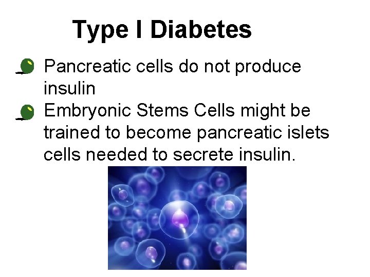 Type I Diabetes • Pancreatic cells do not produce insulin • Embryonic Stems Cells