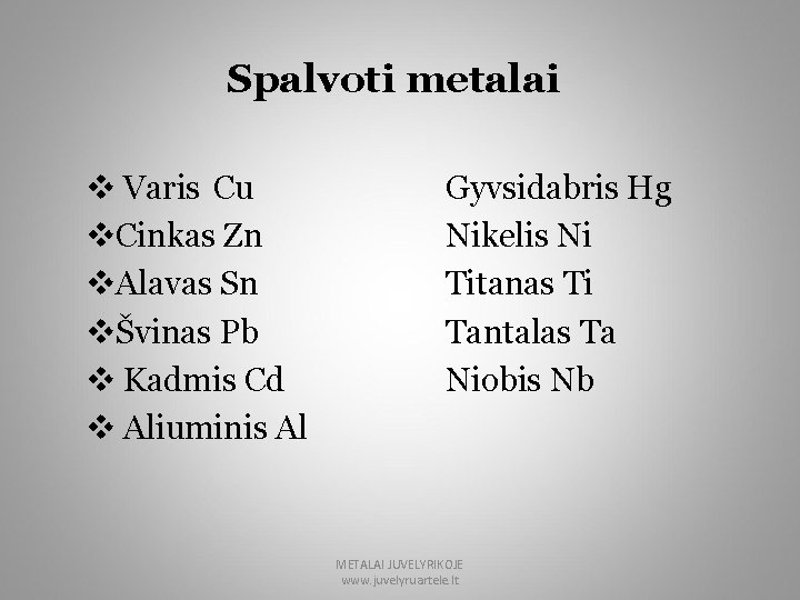 Spalvoti metalai v Varis Cu v. Cinkas Zn v. Alavas Sn vŠvinas Pb v