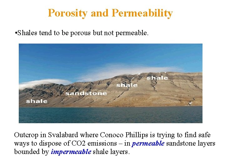 Porosity and Permeability • Shales tend to be porous but not permeable. Outcrop in Porosity and Permeability • Shales tend to be porous but not permeable. Outcrop in