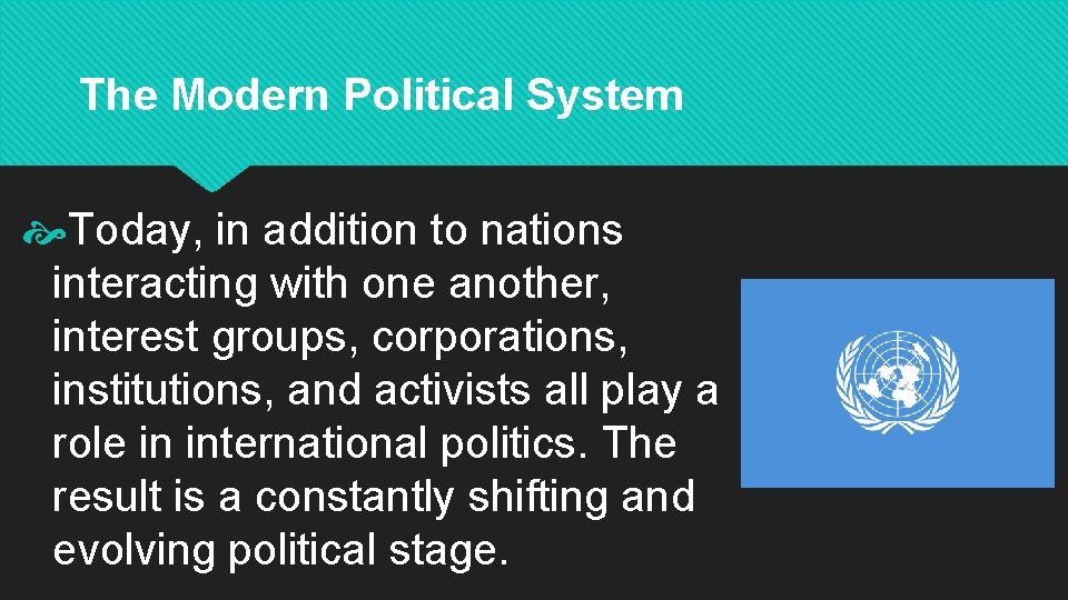 The Modern Political System Today, in addition to nations interacting with one another, interest