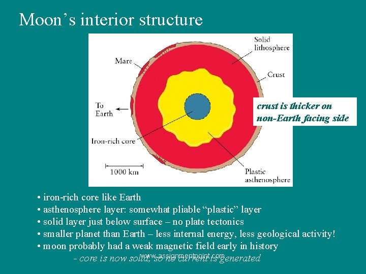 Moon’s interior structure crust is thicker on non-Earth facing side • iron-rich core like