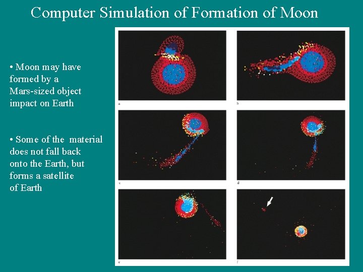 Computer Simulation of Formation of Moon • Moon may have formed by a Mars-sized