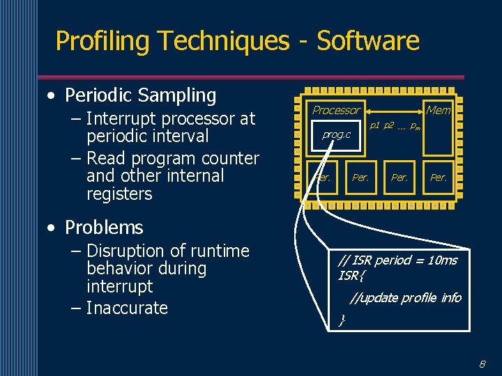Profiling Techniques - Software • Periodic Sampling – Interrupt processor at periodic interval –