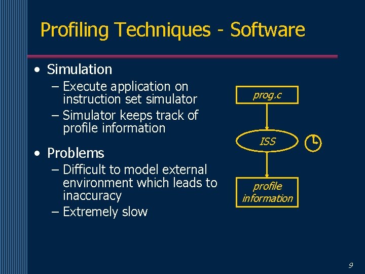 Profiling Techniques - Software • Simulation – Execute application on instruction set simulator –