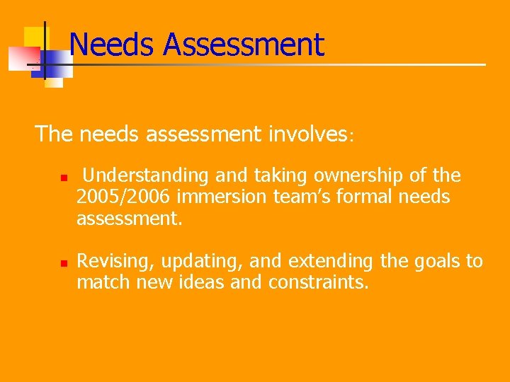 Needs Assessment The needs assessment involves: n n Understanding and taking ownership of the