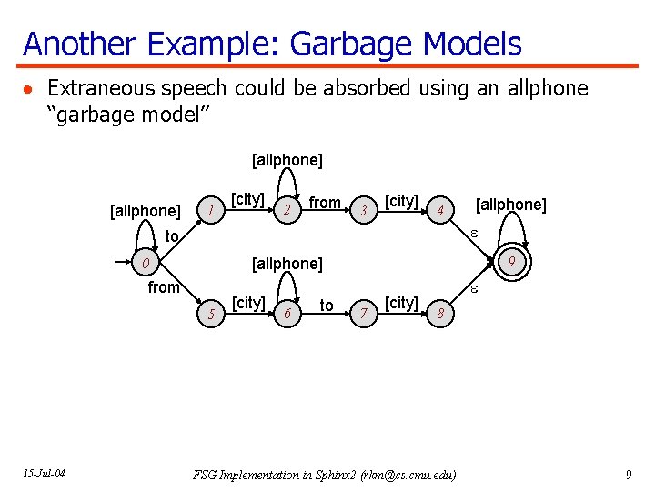 Another Example: Garbage Models · Extraneous speech could be absorbed using an allphone “garbage