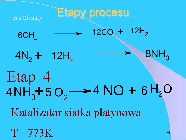 Gaz Ziemny Etapy procesu Etap 4 Katalizator siatka platynowa T= 773 K 44 