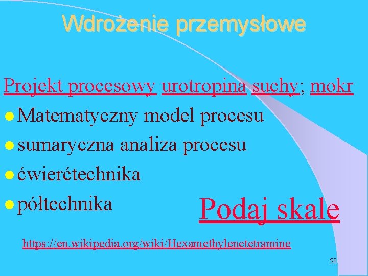 Wdrożenie przemysłowe Projekt procesowy urotropina suchy; mokr l Matematyczny model procesu l sumaryczna analiza