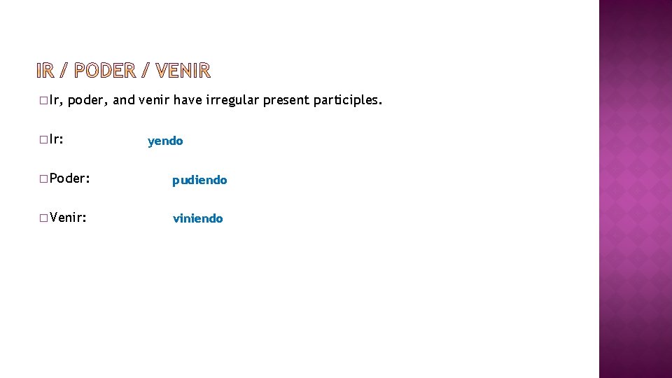 � Ir, poder, and venir have irregular present participles. � Ir: yendo � Poder: