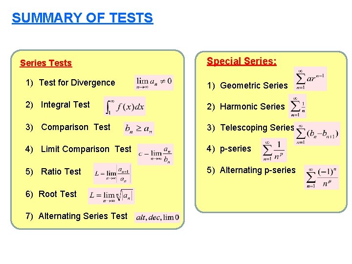 SUMMARY OF TESTS Series Tests Special Series: 1) Test for Divergence 1) Geometric Series