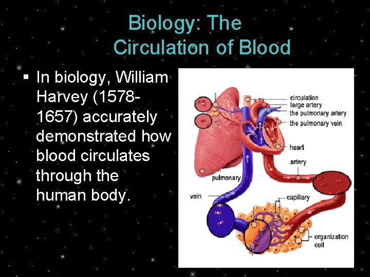 Biology: The Circulation of Blood § In biology, William Harvey (15781657) accurately demonstrated how