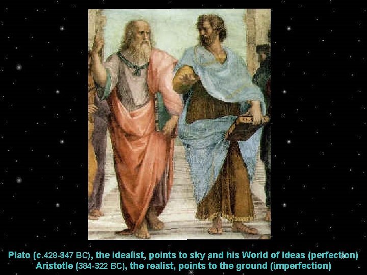 Plato (c. 428 -347 BC), the idealist, points to sky and his World of