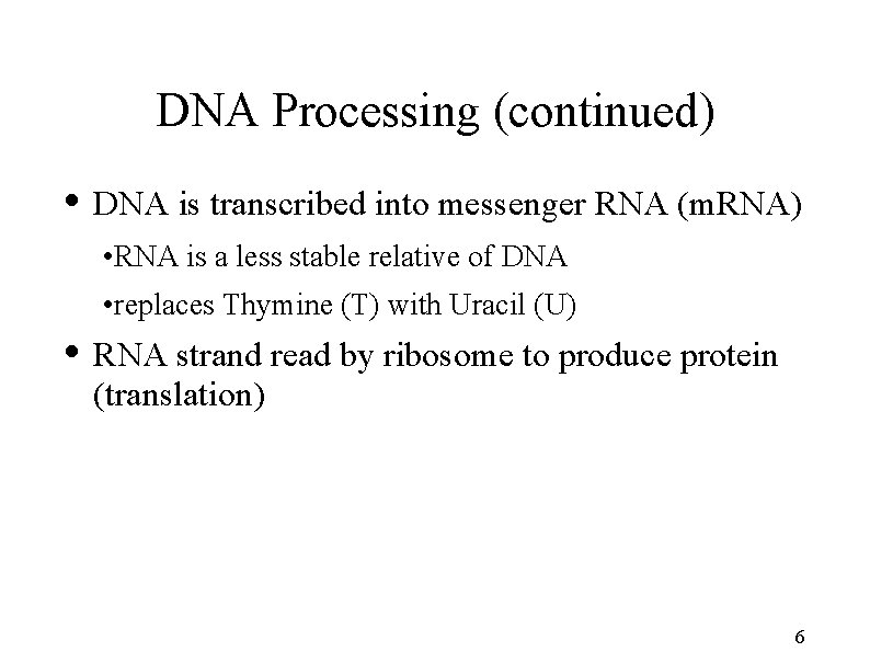 DNA Processing (continued) • DNA is transcribed into messenger RNA (m. RNA) • RNA