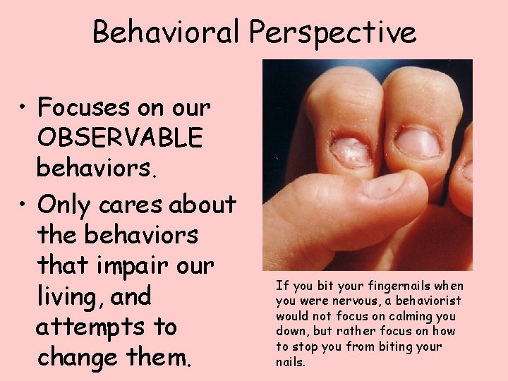 Behavioral Perspective • Focuses on our OBSERVABLE behaviors. • Only cares about the behaviors