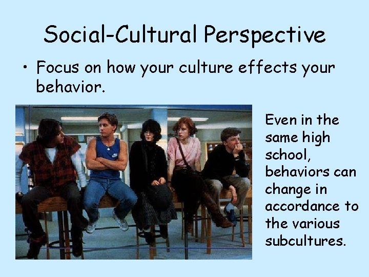 Social-Cultural Perspective • Focus on how your culture effects your behavior. Even in the