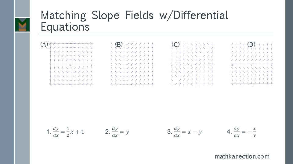 Matching Slope Fields w/Differential Equations (A) (B) (C) (D) mathkanection. com 