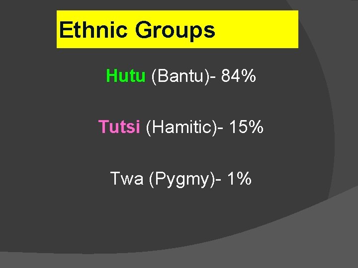 Ethnic Groups Hutu (Bantu)- 84% Tutsi (Hamitic)- 15% Twa (Pygmy)- 1% 