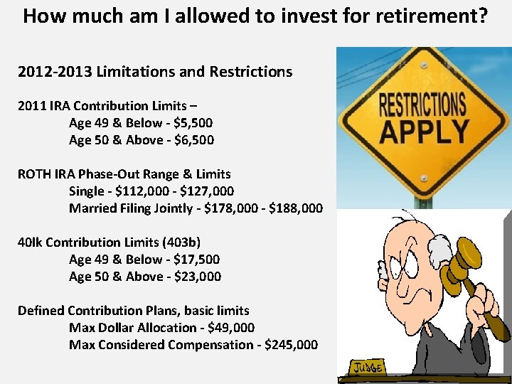 How much am I allowed to invest for retirement? 2012 -2013 Limitations and Restrictions