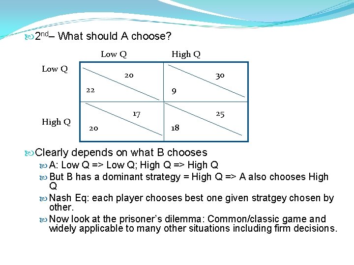  2 nd– What should A choose? Low Q High Q 22 High Q