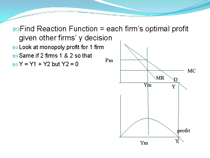  Find Reaction Function = each firm’s optimal profit given other firms’ y decision