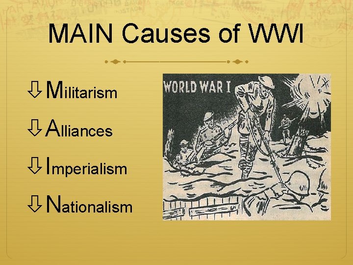 MAIN Causes of WWI Militarism Alliances Imperialism Nationalism 