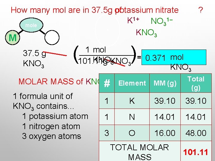 How many mol are in 37. 5 g of potassium nitrate 1+ 1– K