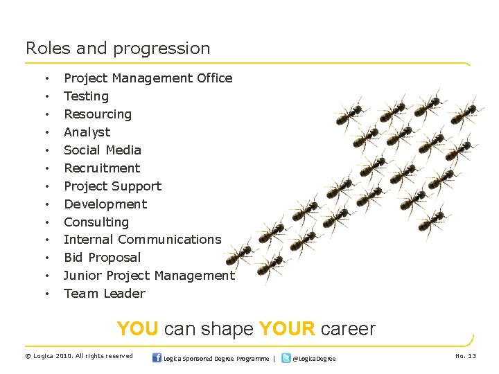 Roles and progression • • • • Project Management Office Testing Resourcing Analyst Social