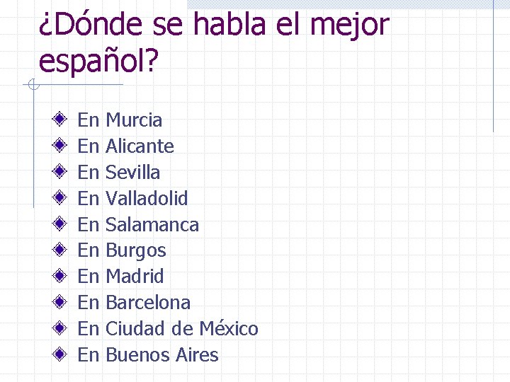 ¿Dónde se habla el mejor español? En En En Murcia Alicante Sevilla Valladolid Salamanca