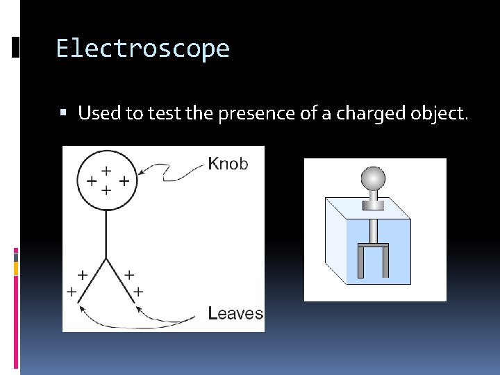 Electroscope Used to test the presence of a charged object. 
