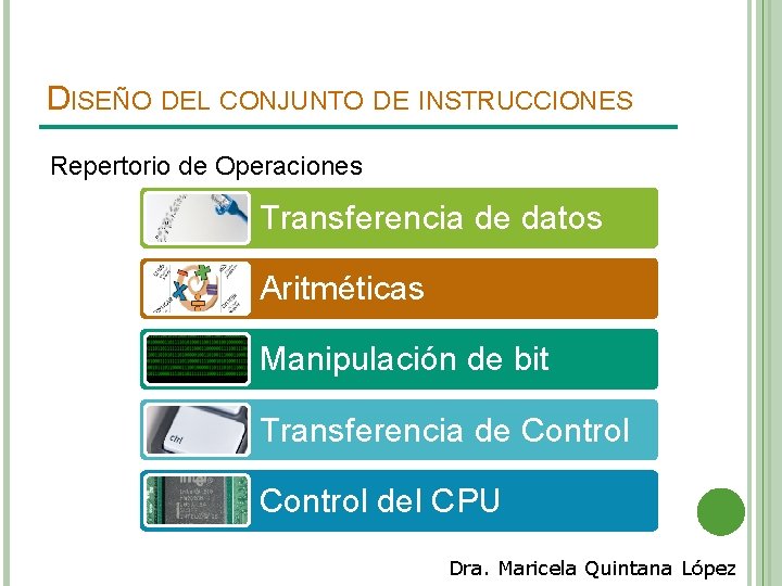 DISEÑO DEL CONJUNTO DE INSTRUCCIONES Repertorio de Operaciones Transferencia de datos Aritméticas Manipulación de