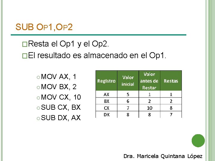 SUB OP 1, OP 2 �Resta el Op 1 y el Op 2. �El