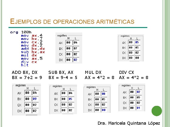 EJEMPLOS DE OPERACIONES ARITMÉTICAS ADD BX, DX BX = 7+2 = 9 SUB BX,