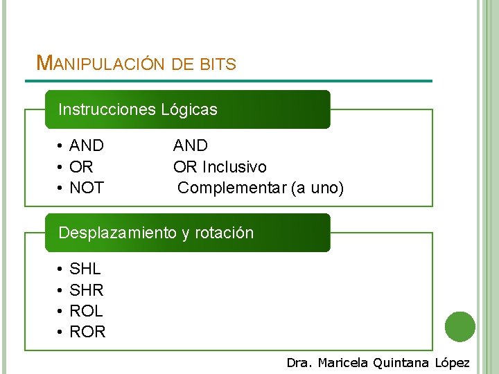 MANIPULACIÓN DE BITS Instrucciones Lógicas • AND • OR • NOT AND OR Inclusivo