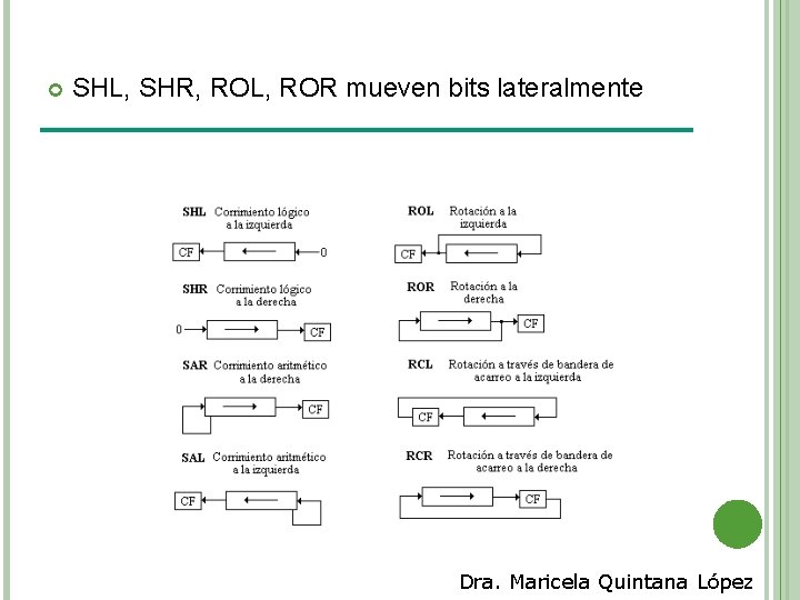  SHL, SHR, ROL, ROR mueven bits lateralmente Dra. Maricela Quintana López 