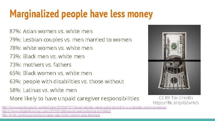 Marginalized people have less money 87%: Asian women vs. white men 79%: Lesbian couples
