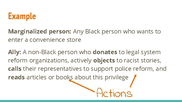 Example Marginalized person: Any Black person who wants to enter a convenience store Ally: