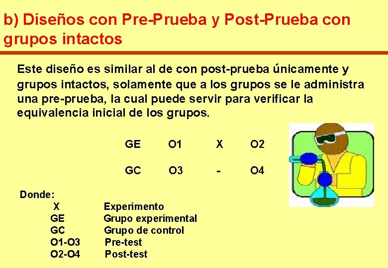 b) Diseños con Pre-Prueba y Post-Prueba con grupos intactos Este diseño es similar al
